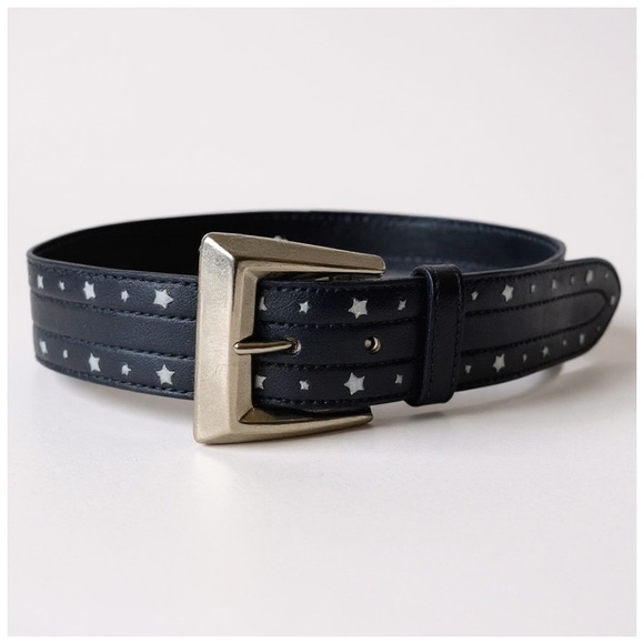 Escada Accessories - Escada Women’s Navy Leather Belt w/ White Stars & Silver Buckle. 33” x 1.5”